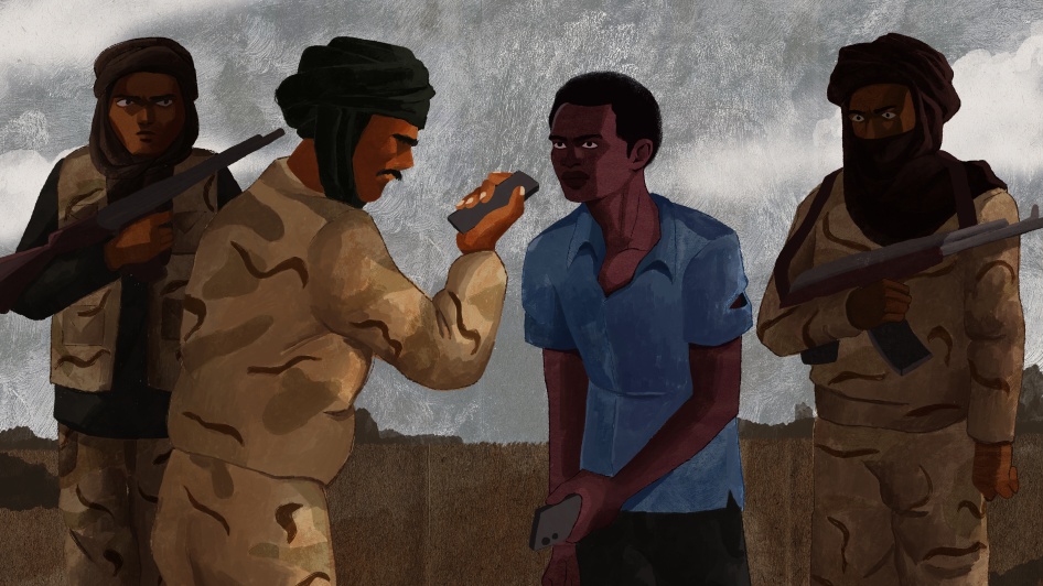An illustration showing three armed fighters taking a phone from a person 